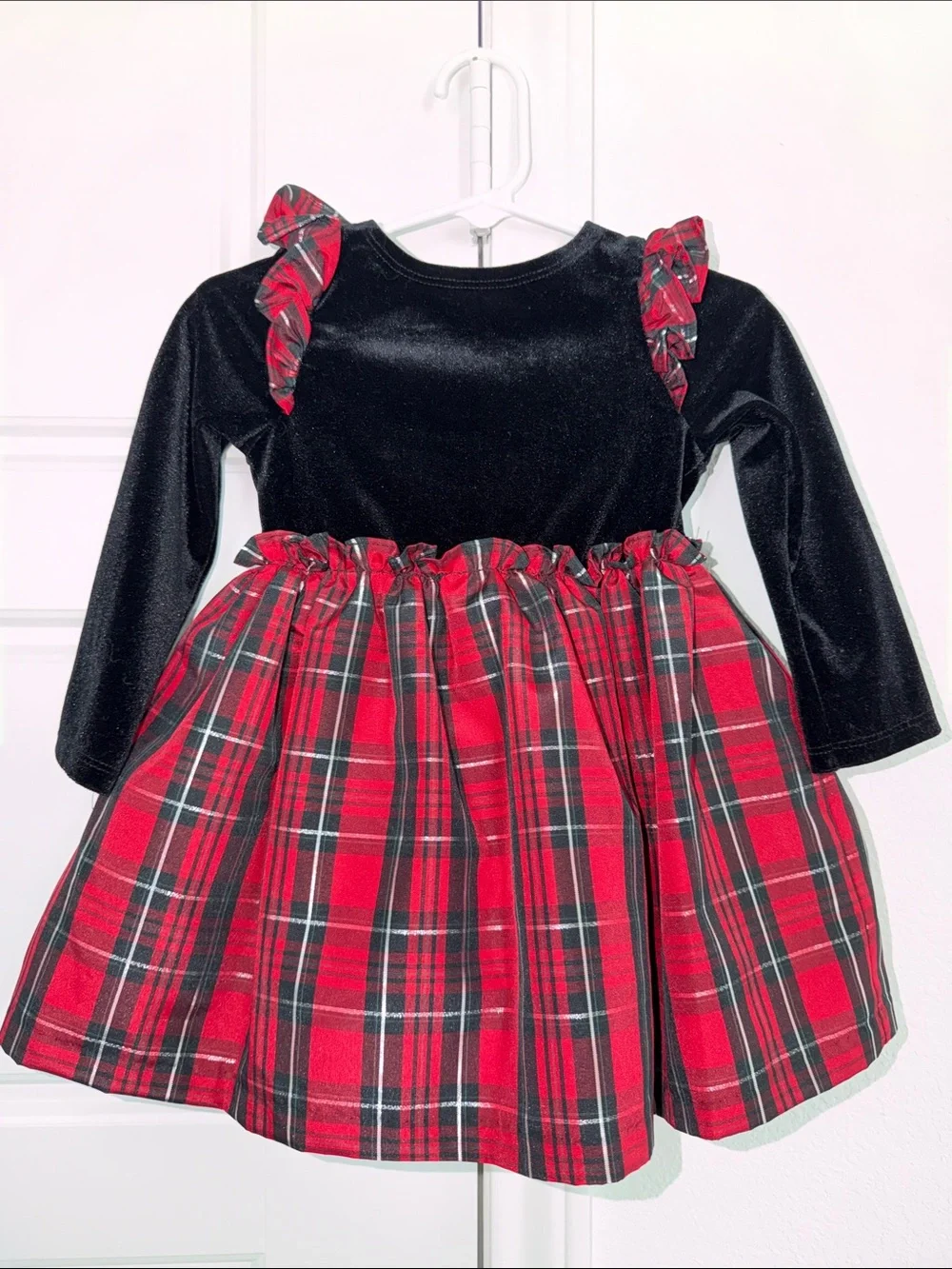 Pippa & Julie Black Velvet Top with Red Plaid Skirt Holiday Dress
